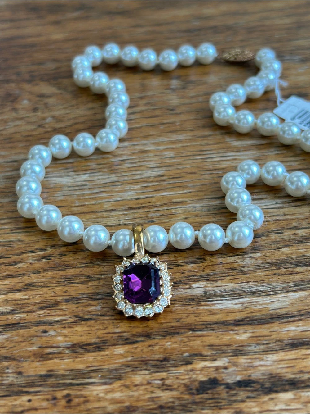 Classic White Pearl Necklace with Purple Crystal Halo Pendant - Picture 3 of 6
